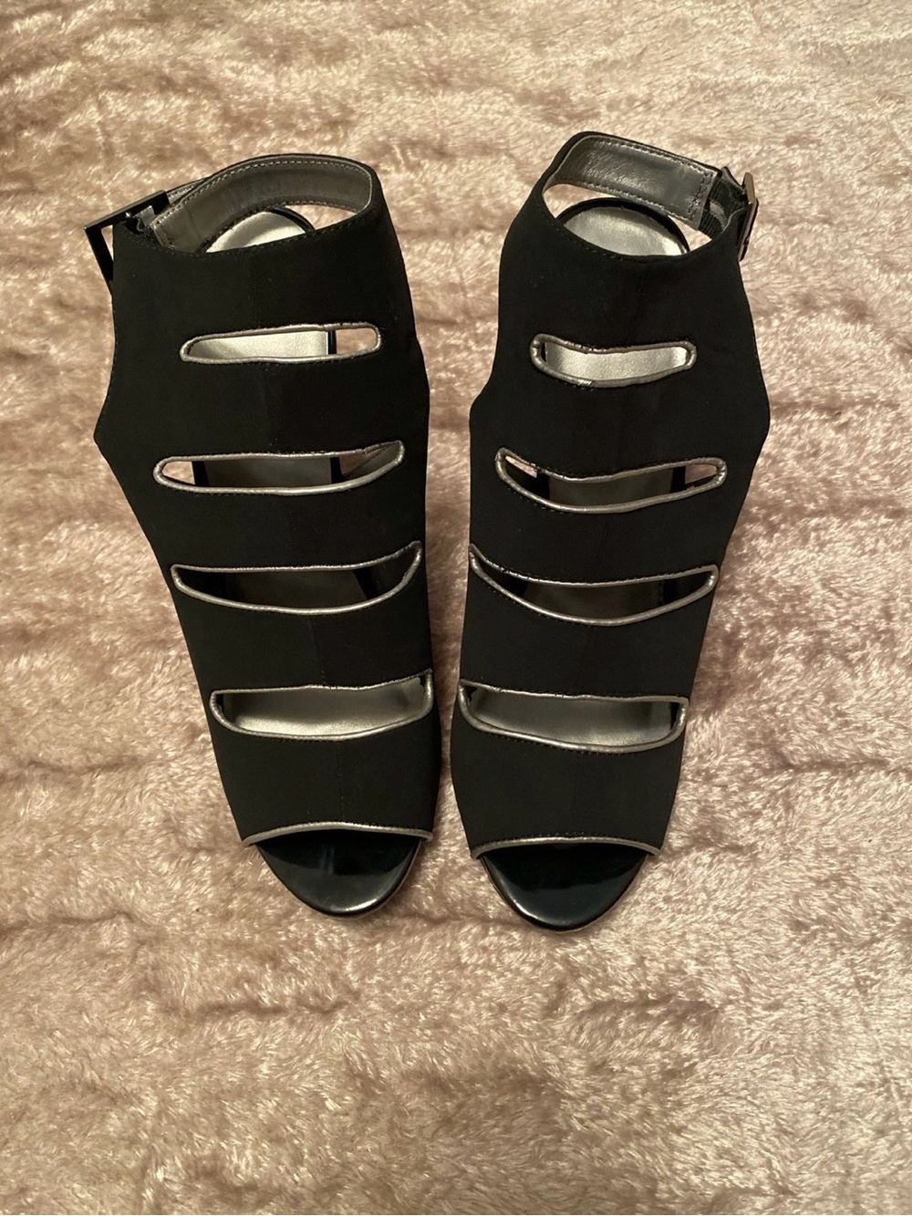 Black Strappy Cutout Peep-Toe Heels with Ankle Buckle